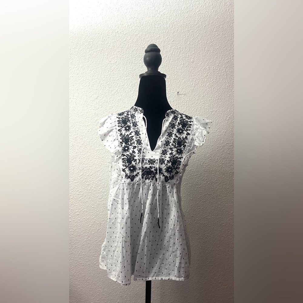 LOFT White Blouse with Black Embroidery